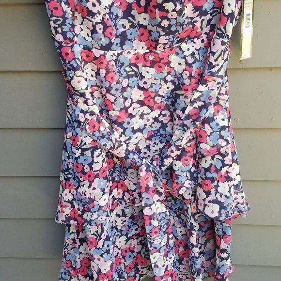 NWT Tahari Navy Floral Faux Wrap Dress with Tie and Ruffles Size 14 - Picture 6 of 13